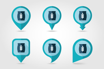 Sack of grain flat mapping pin icon with long shadow