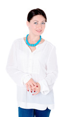 Beautiful brunette girl on white background smiling
