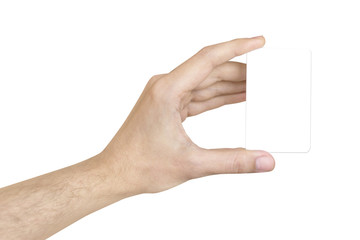 vertical card in man's hand white background