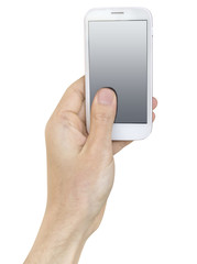 white vertical smartphone in man's hand white background