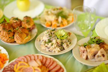 table set service with silverware and glass stemware at restaurant before party