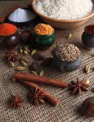 Rice and spices. Burlap background