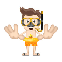 Ben Boy Funny diver with swim ring cartoon illustration