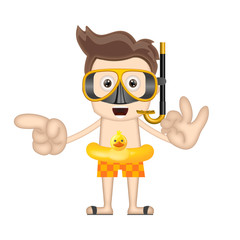 Ben Boy Funny diver with swim ring cartoon illustration