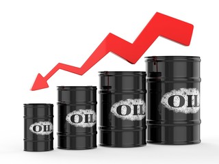 Oil Barrels with Red Arrow down. Financial crisis