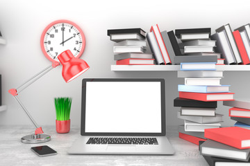 3D illustration laptop and books, Workspace