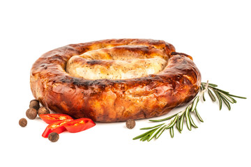 Homemade smoked sausage on white