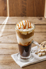 iced coffee with milk and caramel ice cream
