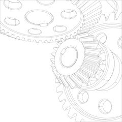 Wire-frame gears with bearings and shafts. Close-up. Vector