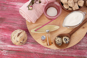 Composition of spa treatment on wooden background