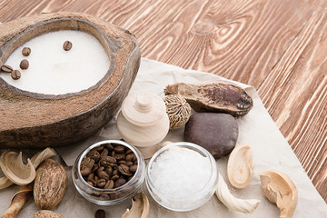 coffee beans, Spa stuff with candles in coconut