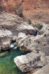 Wadi Bani Khalid Waterfall in Rocky Canyon