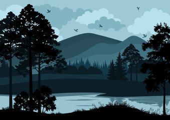Fototapeta premium Landscape, Trees, Lake and Mountains