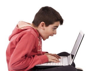 child with computer isolated on white