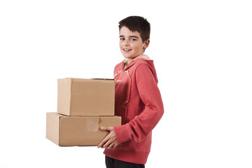 child with carton package isolated on white