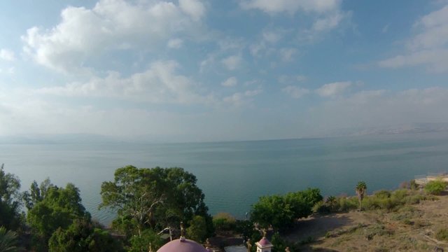 Aerial viewThe Greek Orthodox Church Of The Twelve Apostles In Capernaum, Sea of Galilee
