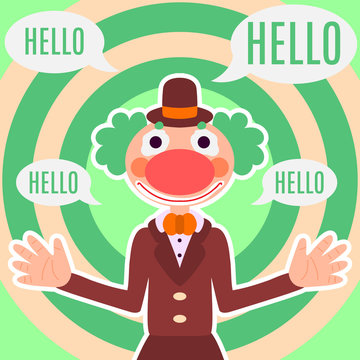 Background with happy greeting clown in costume, text space