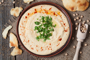Hummus tasty traditional food with tahini paste and olive oil