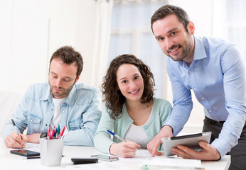 Fototapeta premium Two interns working together assisted by their course supervisor