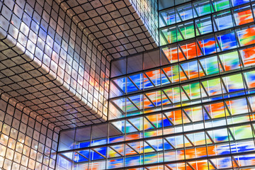 Interior modern building with colorful glass wal