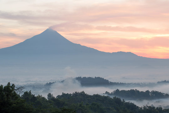 Colorful sunrise with Merapi volcano
