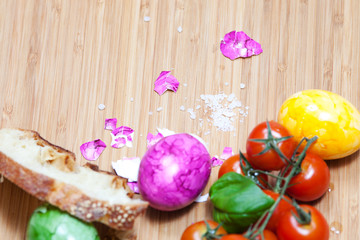 Egg, bread, tomato, wooden board, organic