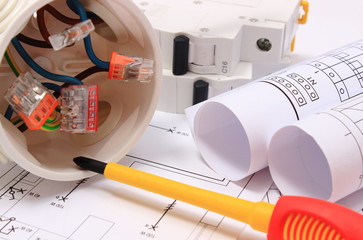 Electrical box, diagrams and electric fuse on drawing