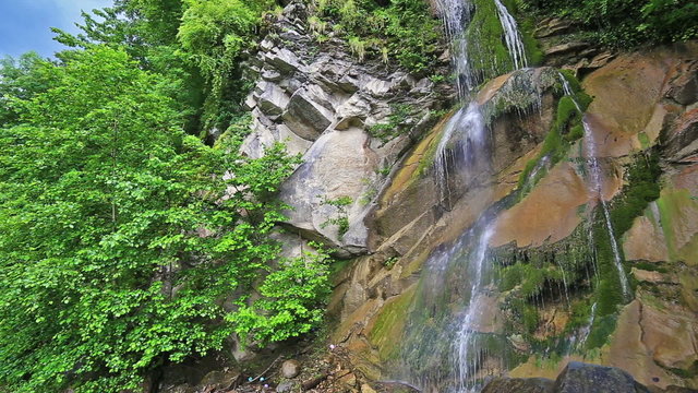 River in Caucasus mountains forest, waterfall near lake Ritsa