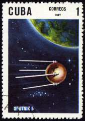 Post stamp with first russian satellite 