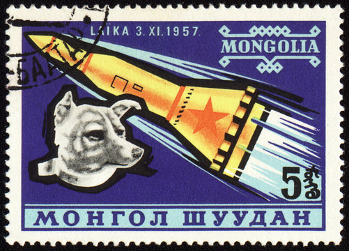 Soviet rocket and dog Laika on Mongolian post stamp