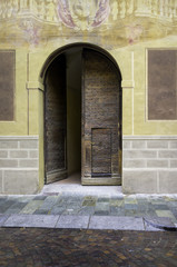 Old wooden front door. Color image