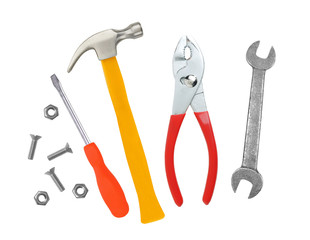 Hammer, screwdriver and wrenches isolated on white