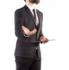 Hipster man in a classic suit isolated on a white background
