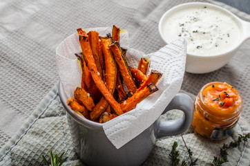 Healthy vegetable chips - french fries beet, celery and carrots