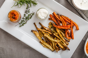 Healthy vegetable chips - french fries beet, celery and carrots