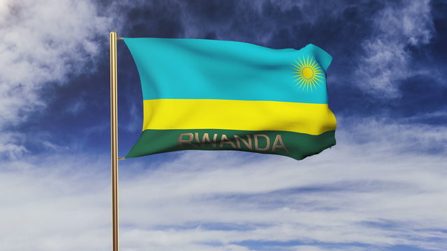 Rwanda flag with title waving in the wind. Looping sun rises