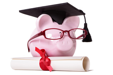 Student Piggy Bank or piggybank wearing graduate cap and glasses with college university degree...