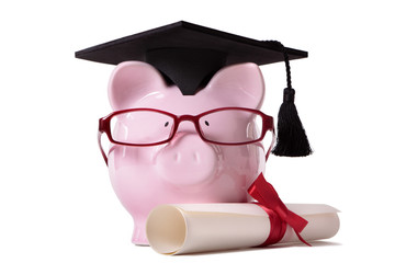 Student Piggy Bank or piggybank wearing graduate cap and glasses with college university degree...