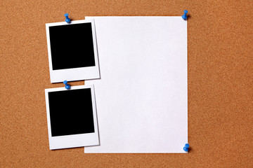 Two polaroid style photo frame print pinned to a cork notice board background with blank paper poster for text or advertising