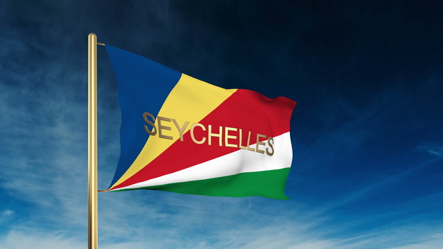 Seychelles flag slider style with title. Waving in the wind with