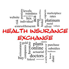 Health Insurance Exchange Word Cloud Concept in red caps