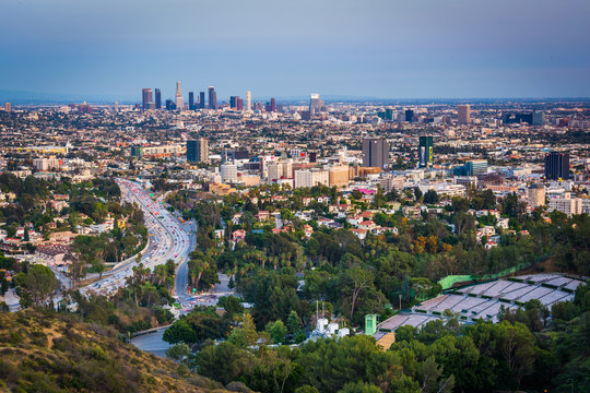 Evening view of the Los Angeles Skyline and Hollywood from the H