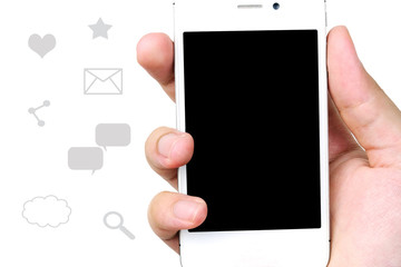 Smart phone in hand on social media icons background