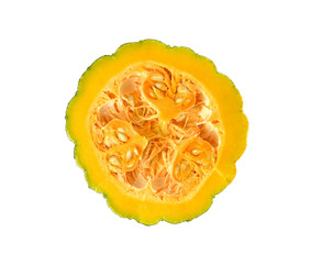 half cut fresh pumpkin with seeds on white background