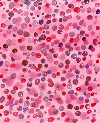 Watercolor pink background. Purple and red bubbles, berries.