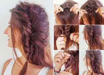 one side fishtail braid tutorial by beauty blogger - obrazy, fototapety, plakaty