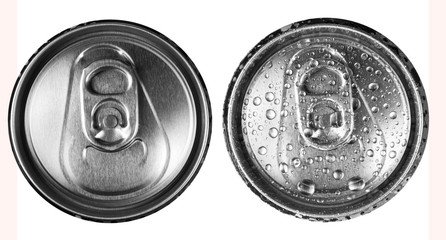 Two beer cans on a white background top view