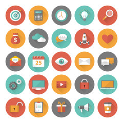 Set of flat office, business, media and icons