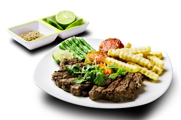 asian steak with potato fried and vegetable