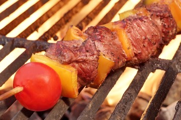 Weekend BBQ Meat Beef  Kebab Or Kabob On Flaming Grill